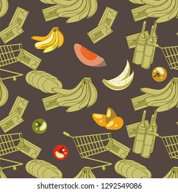 Seamless pattern with stylized images of various products and accessories of the buyer on a brown background. Shopping cart, loaf of bread, fruit, alcohol, credit card. Vector illustration