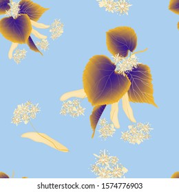 Seamless pattern with stylized inflorescence of linden in beige, brown colors on blue background