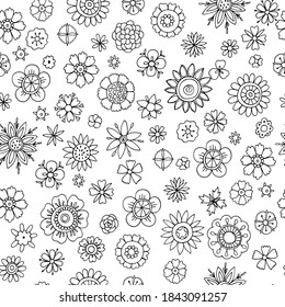 seamless pattern with stylized ink-drawn flowers. Hand Drawn black and white pattern. Pattern for coloring book