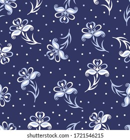 Seamless pattern with stylized iris flower and polka dots. Grey flowers on a blue background. Vector illustration.