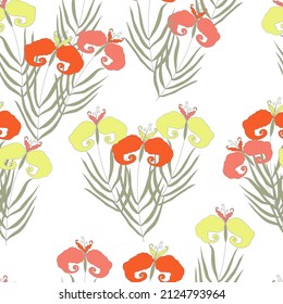Seamless pattern of stylized iris flowers on a white background.
