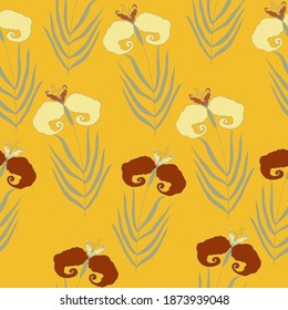 Patrón sin brillo de iris estilizados sobre un fondo amarillo brillante.