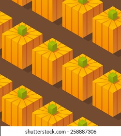 Seamless pattern of stylized isometric cartoon pumpkins.