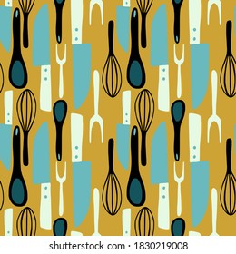 Seamless pattern with stylized knife, spoon, fork, corolla ornament. Doodle cartoon kitchen elements in ocher and blue tones palette. For fabric design, textile, wrapping, cover. Vector illustration