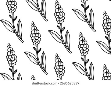 Patrón sin fisuras de flores y hojas de lavanda estilizadas en un simple dibujo de línea en blanco y negro.