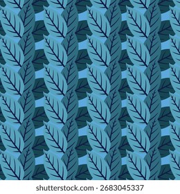 A seamless pattern of stylized, layered leaves arranged in vertical rows, using varying shades of blue and teal. A flat vector illustration perfect for textiles and backgrounds