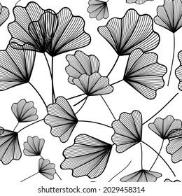 Seamless pattern of stylized leaves in black and white