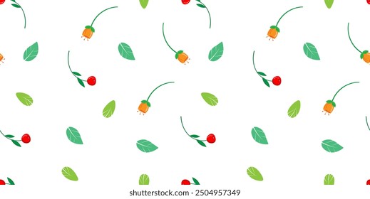 Seamless pattern with stylized leaves and flowers on a white background. For fabric, packaging, linen, cover design. Vector graphics 