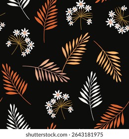 Seamless Pattern Of Stylized Leaves And Flowers On A Black Background. 