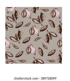 Seamless pattern of stylized leaves and fruits of cocoa beans. Vector illustration.