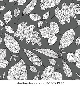 seamless pattern of stylized leaves in monochrome colors, anti-stress ornament