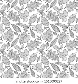 seamless pattern of stylized leaves in monochrome colors, anti-stress ornament