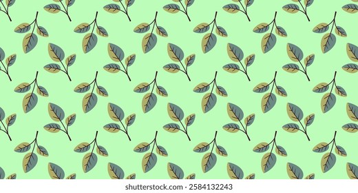 Seamless pattern of stylized leaves on a pastel green background. Perfect for textile design, wallpaper, packaging, and digital projects.  Evokes feelings of freshness, nature, and tranquility.