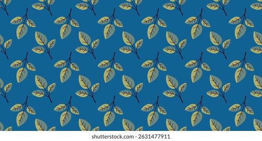 Patrón sin fisuras de hojas estilizadas sobre un fondo azul vibrante.  Perfecto para el diseño textil, Fondo de pantalla o fondos de Sitio web.