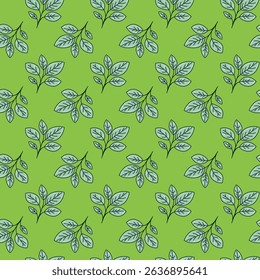 Seamless pattern of stylized leaves on a vibrant green background.  Perfect for textile design, wallpaper, or digital projects.  Evokes feelings of nature, freshness, and growth.