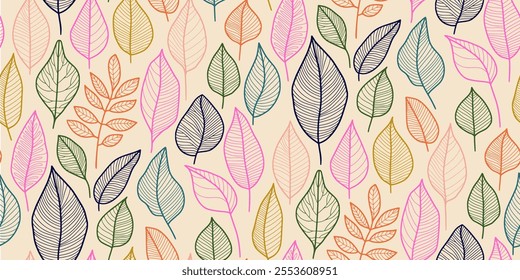 Seamless pattern of stylized leaves outlined in vibrant colors on a soft beige background with unique leaf shapes and simplistic designs. Ideal for textiles, wallpapers, and digital design projects.