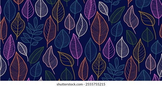 Seamless pattern of stylized leaves outlined in vibrant colors on a dark blue background with unique leaf shapes and simplistic designs. Ideal for textiles, wallpapers, and digital design projects.