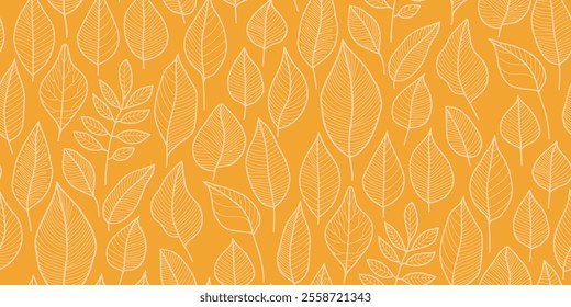 Seamless pattern of stylized leaves outlined in light yellow on vibrant orange background. Various leaf shapes with intricate veins in modern, minimalist design for wallpapers, textiles, packaging.