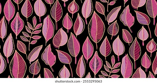 Seamless pattern of stylized leaves in pink, purple, and red outlined in gold on black background. Various leaf shapes with intricate vein details ideal for wallpapers, textiles, and decorative items.