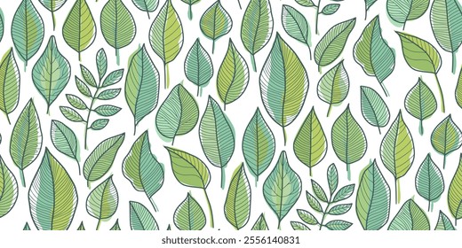 Seamless pattern of stylized leaves in shades of green on white background. Hand-drawn appearance with varied leaf shapes and vein patterns. Ideal for textiles, wallpapers, and graphic design projects