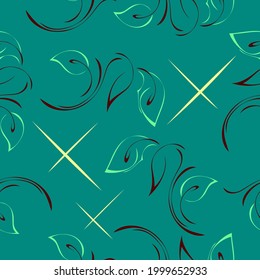 seamless pattern with stylized leaves and stars in colored lines on a green background