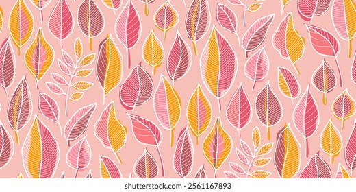 Seamless pattern of stylized leaves with varied leaf shapes in pink, orange, and yellow with white outlines on a soft pink background. Ideal for textiles, wallpapers, and decorative applications.