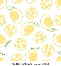 Seamless pattern with stylized lemon fruits and citrus slices on white background. Flat vector illustration. Summer fruit and healthy food concept. Design for wallpaper, textile, poster, print, banner