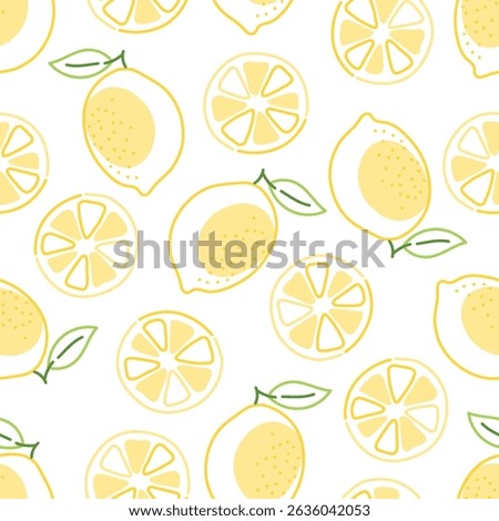 Seamless pattern with stylized lemon fruits and citrus slices on white background. Flat vector illustration. Summer fruit and healthy food concept. Design for wallpaper, textile, poster, print, banner