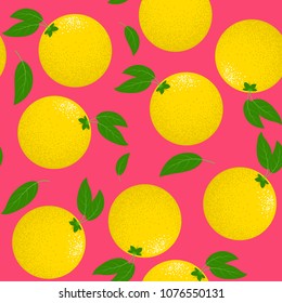 Seamless Pattern with Stylized Lemons. Fresh Citrus Fruit Background with Green Petals. Seamless Pattern with Vector Lemons for Wallpaper, Tablecloth, Paper, Fabric, Textile, Illustration, Design.