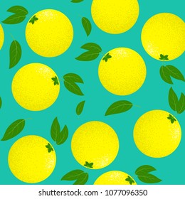 Seamless Pattern with Stylized Lemons. Fresh Citrus Fruit Background with Green Petals. Seamless Pattern with Vector Lemons for Wallpaper, Tablecloth, Paper, Fabric, Textile, Illustration, Design.