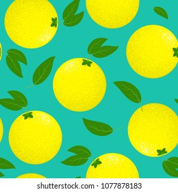 Seamless Pattern with Stylized Lemons. Fresh Citrus Fruit Background with Green Petals. Seamless Pattern with Vector Lemons for Wallpaper, Tablecloth, Paper, Fabric, Textile, Illustration, Design.