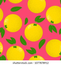 Seamless Pattern with Stylized Lemons. Fresh Citrus Fruit Background with Green Petals. Seamless Pattern with Vector Lemons for Wallpaper, Tablecloth, Paper, Fabric, Textile, Illustration, Design.