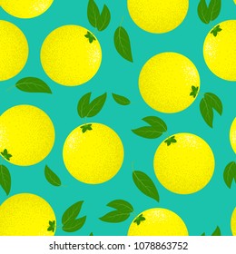 Seamless Pattern with Stylized Lemons. Fresh Citrus Fruit Background with Green Petals. Seamless Pattern with Vector Lemons for Wallpaper, Tablecloth, Paper, Fabric, Textile, Illustration, Design.