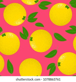 Seamless Pattern with Stylized Lemons. Fresh Citrus Fruit Background with Green Petals. Seamless Pattern with Vector Lemons for Wallpaper, Tablecloth, Paper, Fabric, Textile, Illustration, Design.