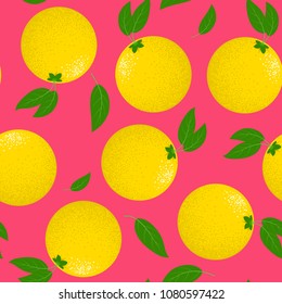 Seamless Pattern with Stylized Lemons. Fresh Citrus Fruit Background with Green Petals. Seamless Pattern with Vector Lemons for Wallpaper, Tablecloth, Paper, Fabric, Textile, Illustration, Design.