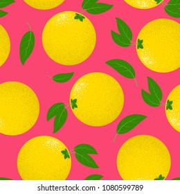 Seamless Pattern with Stylized Lemons. Fresh Citrus Fruit Background with Green Petals. Seamless Pattern with Vector Lemons for Wallpaper, Tablecloth, Paper, Fabric, Textile, Illustration, Design.