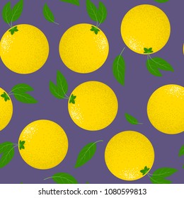 Seamless Pattern with Stylized Lemons. Fresh Citruses Fruits Background with Green Petals. Seamless Pattern with Vector Lemons for Wallpaper, Tablecloth, Paper, Fabric, Textile, Illustration.
