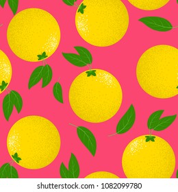 Seamless Pattern with Stylized Lemons. Fresh Citrus Fruit Background with Green Petals. Seamless Pattern with Vector Lemons for Wallpaper, Tablecloth, Paper, Fabric, Textile, Illustration, Design.