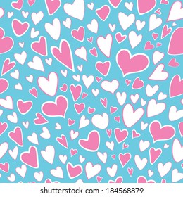 Seamless pattern of stylized light pink and white colors hearts on a cyan color background