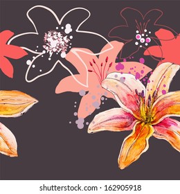 Seamless pattern with stylized lily flowers