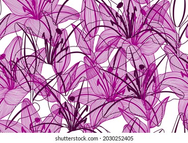 Seamless pattern with stylized lily flowers. Decorative image of beautiful buds.