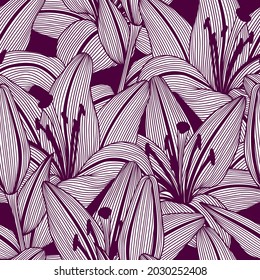 Seamless pattern with stylized lily flowers. Decorative image of beautiful buds.