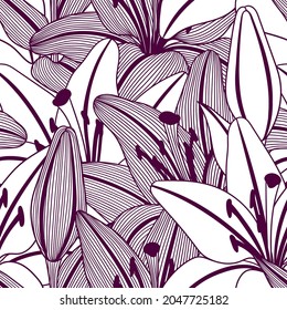 Seamless pattern with stylized lily flowers. Decorative image of beautiful buds.