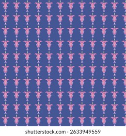 Seamless pattern of stylized lily flowers in pastel colors on a blue background