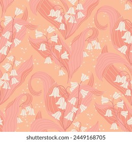 Seamless pattern with stylized lily of the valley flowers against a background of magical stars and sparkles in 2024 Peach Fuzz colors. Delicate shades of pink and peach. Warmth and spring mood.