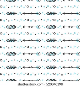Seamless pattern with stylized linear arrows and feathers. Ethnic vector wallpaper isolated on white. Modern geometric design