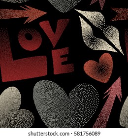 Seamless pattern with stylized love elements in red, pink and orange colors. Vector hand drawn word love, lips and hearts on a black background. Abstract Vector illustration.