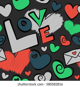 Seamless pattern with stylized love, hearts. Valentines day design. Vector love handmade backdrop in orange, green and gray colors.