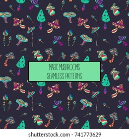 Seamless pattern of stylized magic mushrooms. Fairy mushroom. Acid colours vector illustration. Boletus, amanita, chanterelle, fly and white.
