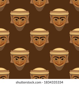 Seamless pattern with stylized male faces. Ancient Punic mask from Carthage. Smiling funny bearded man.